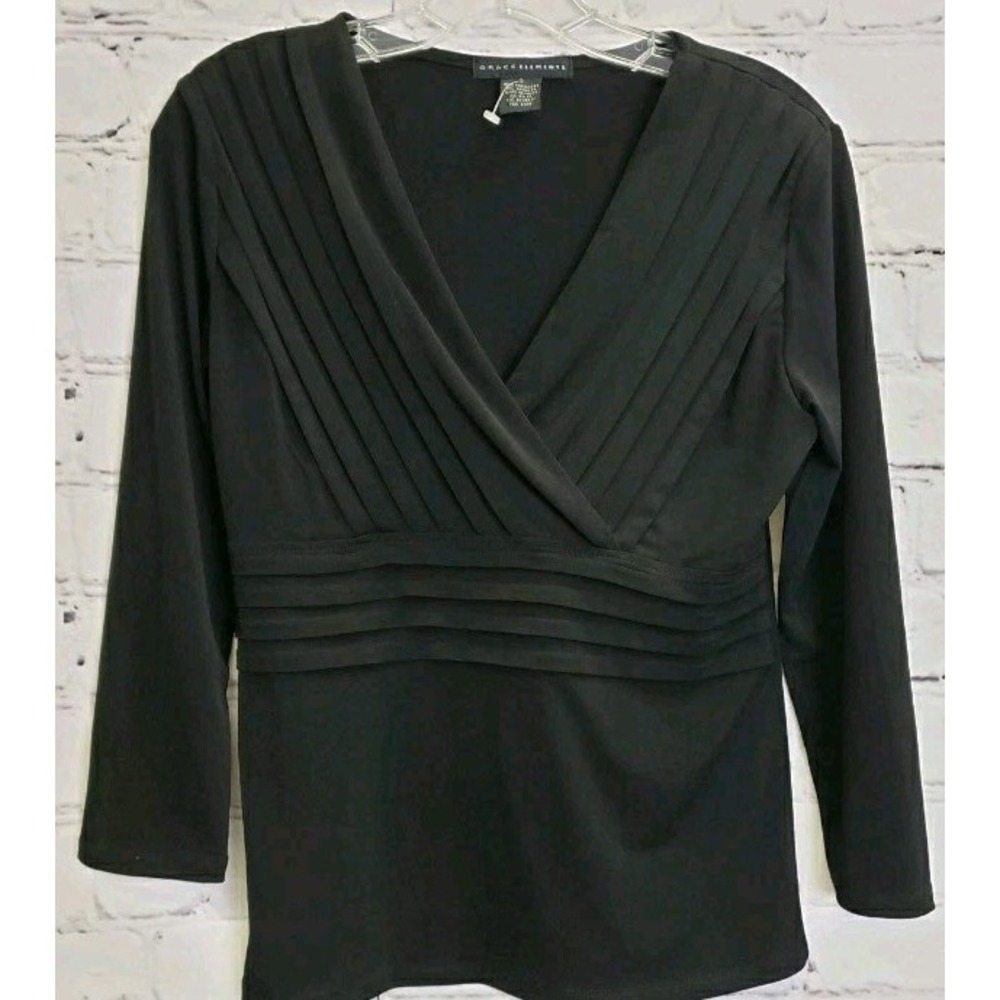 Grace Elements S Womens Black  Crisscross Style 3/4 Sleeve Top Stretch Workwear